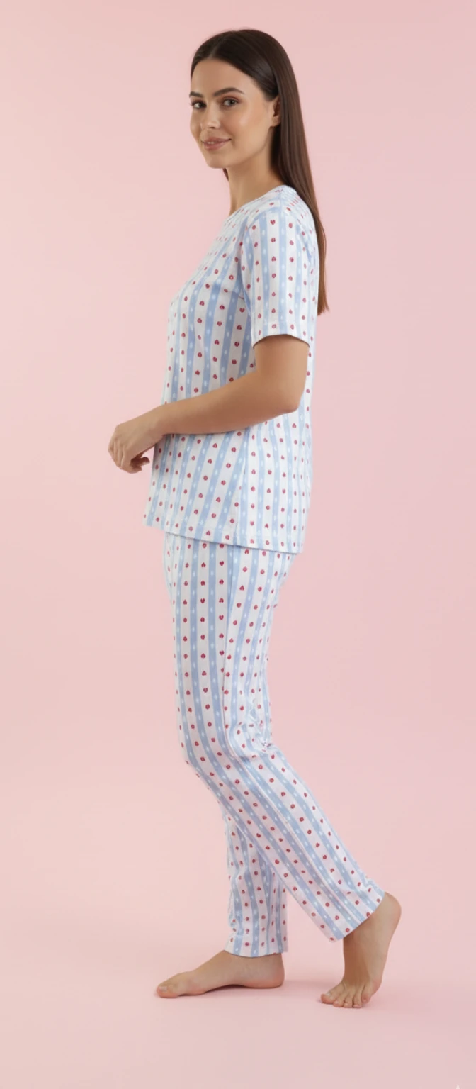 Kalp Baskılı Çizgili Kısa Kollu Pijama TakımI