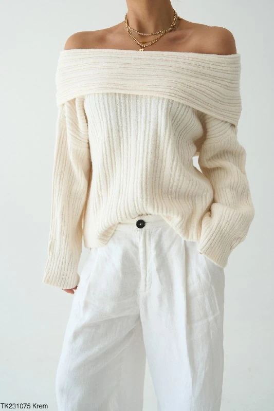 Kadın Omuz Açık Kaburga Örgü Geniş Yaka Büyük Boy Kazak - Ekru