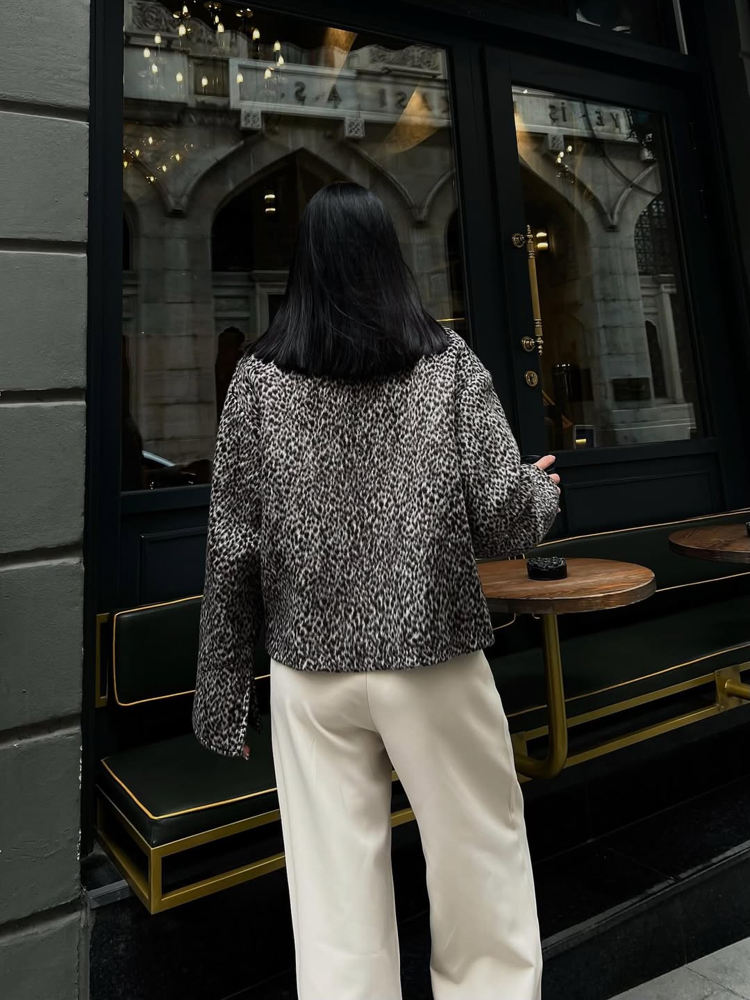 Cemo Leopar Desenli Kaşe Kısa Kaban Ceket