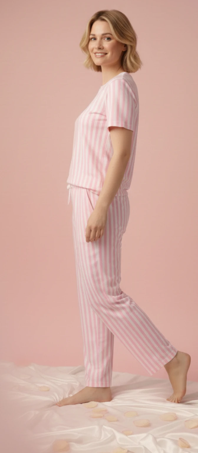 Pembe Beyaz Çizgili Kısa Kollu Pijama