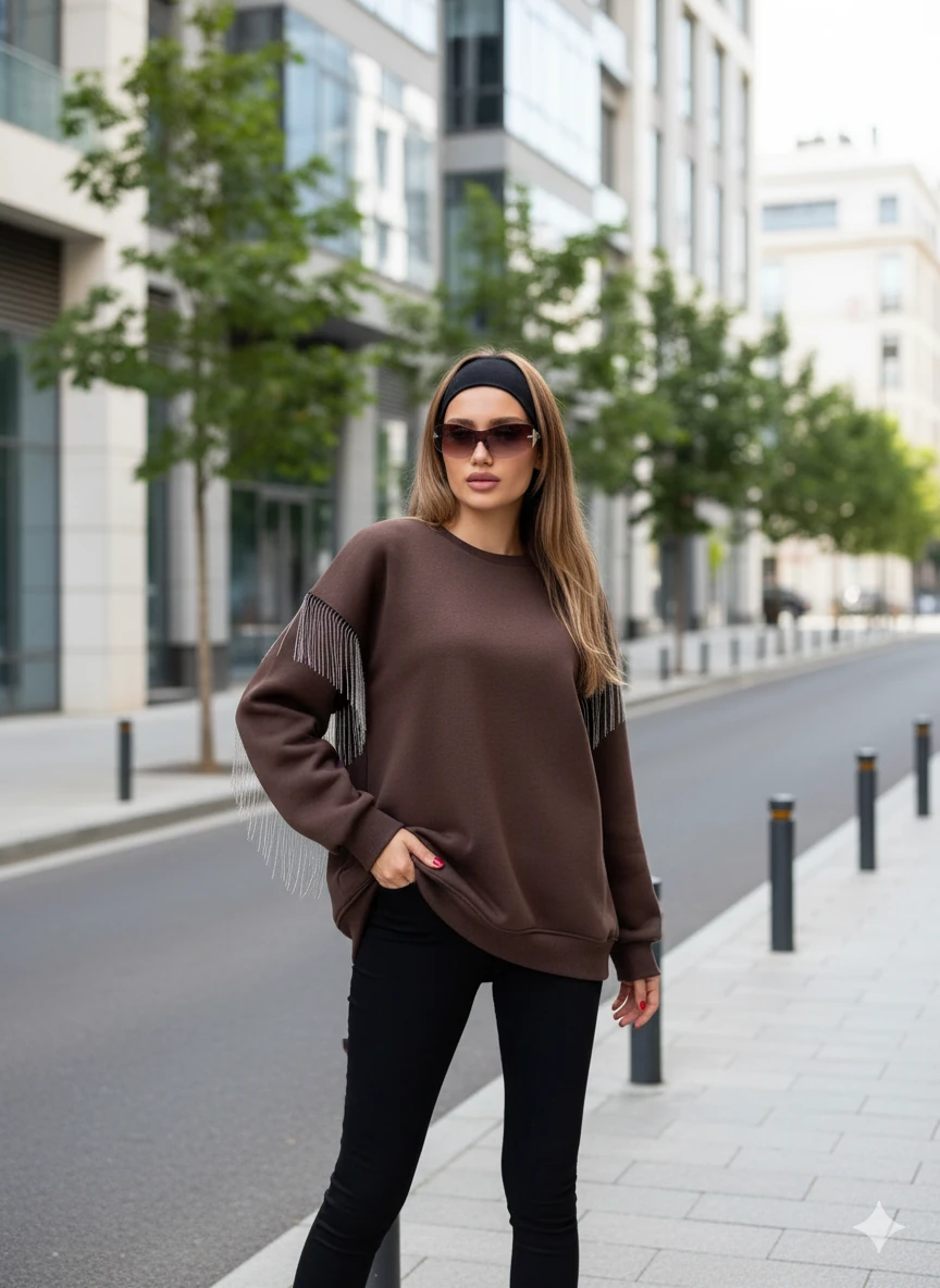 Püsküllü Uzun Kollu Sweat - Kahverengi