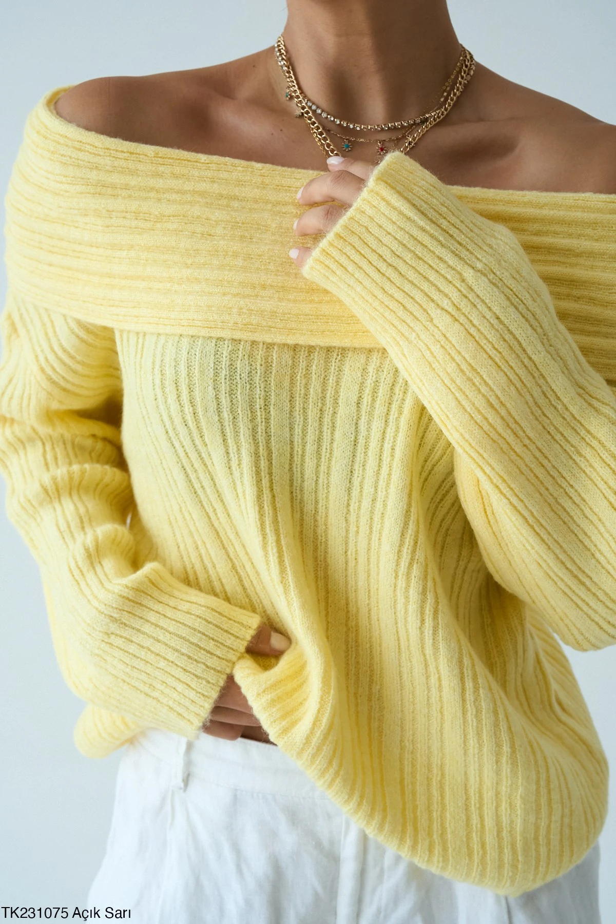 Kadın Omuz Açık Kaburga Örgü Geniş Yaka Büyük Boy Kazak - SARI