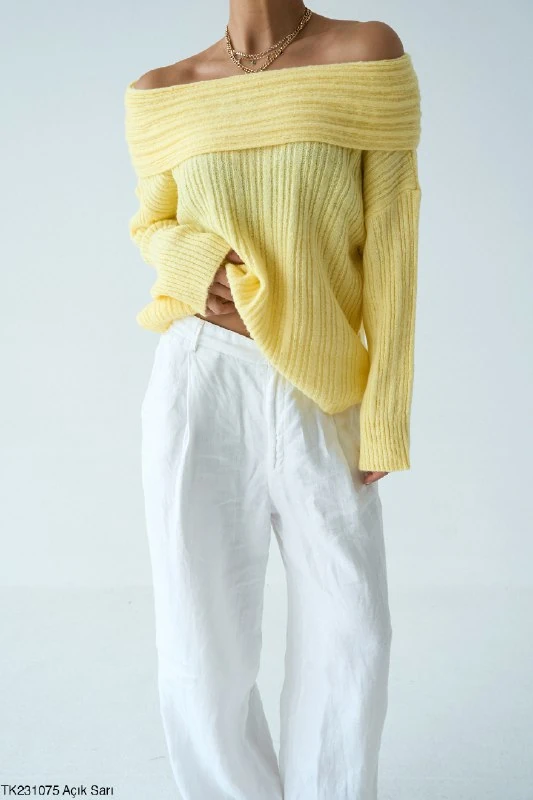Kadın Omuz Açık Kaburga Örgü Geniş Yaka Büyük Boy Kazak - SARI
