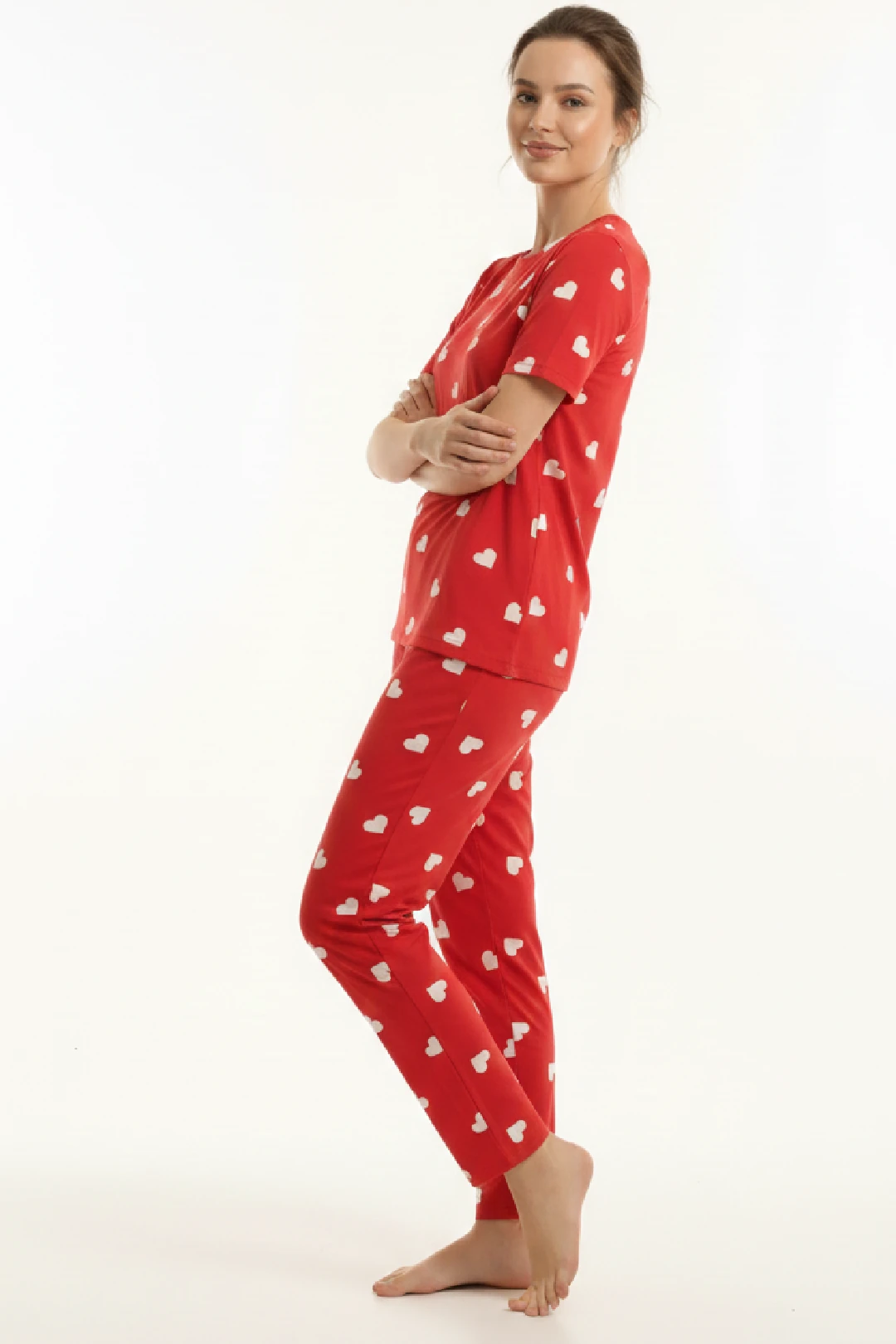  Kalp Desenli Pamuklu Pijama Takımı