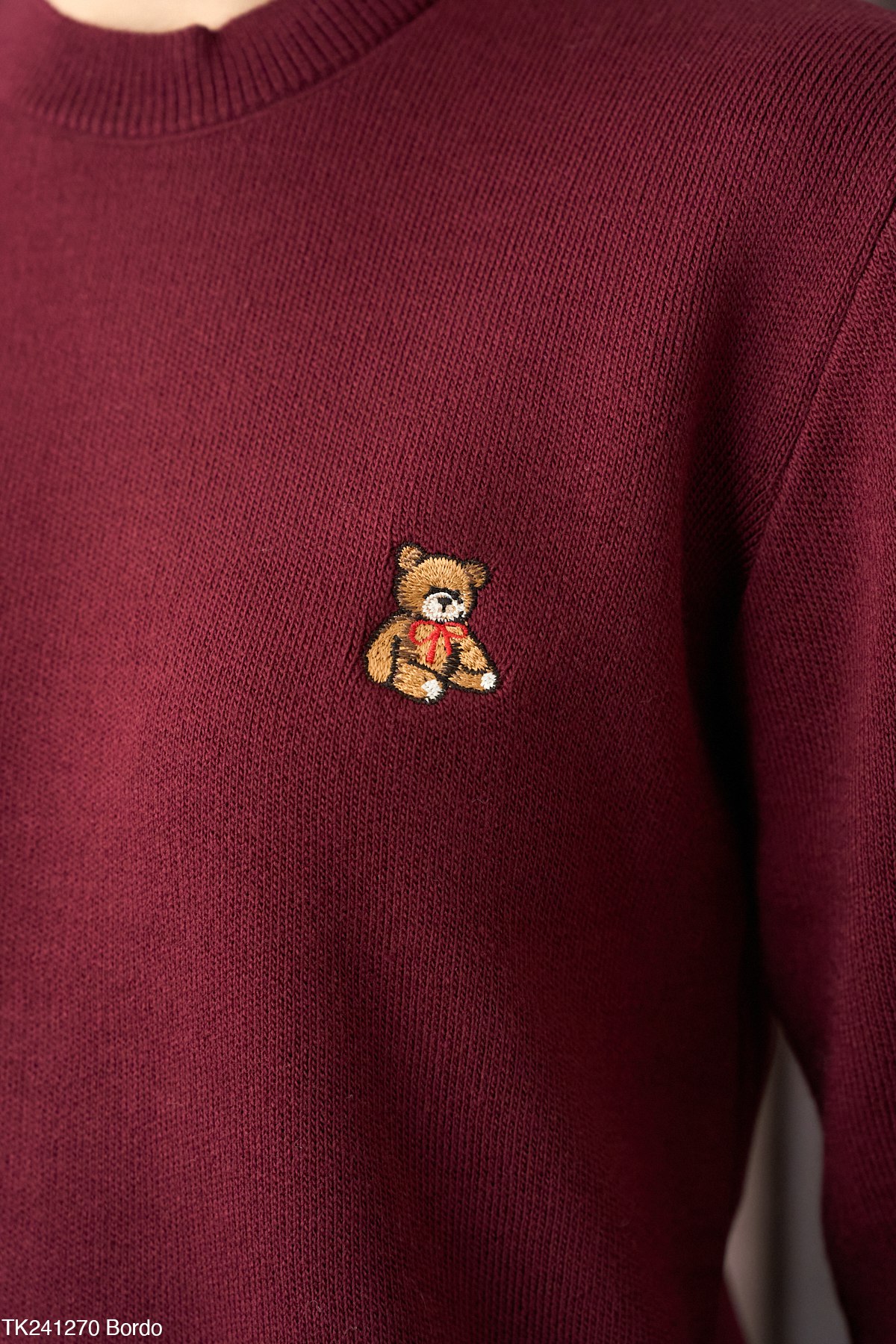 İşlemeli Teddy Ayıcık Detaylı Kadın Yuvarlak Yaka Örgü Kazak - Bordo