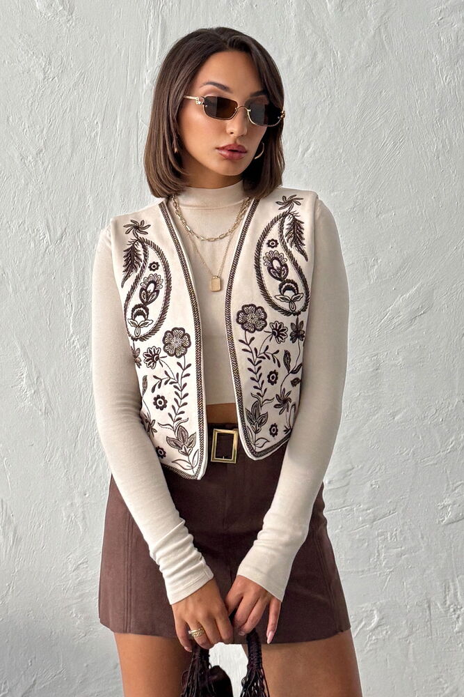 İşlemeli Süet Yelek – Western Tarz Şıklık - Taş