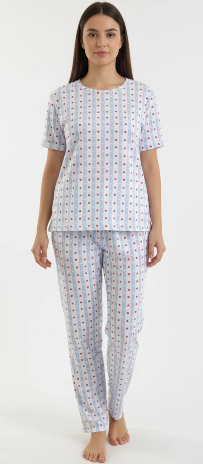 Kalp Baskılı Çizgili Kısa Kollu Pijama TakımI