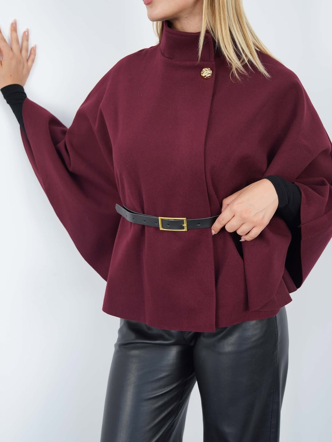 Pelerin Panço Kaban İnce Kaşe Kemer Hediyeli Gold Düğmeli - Bordo