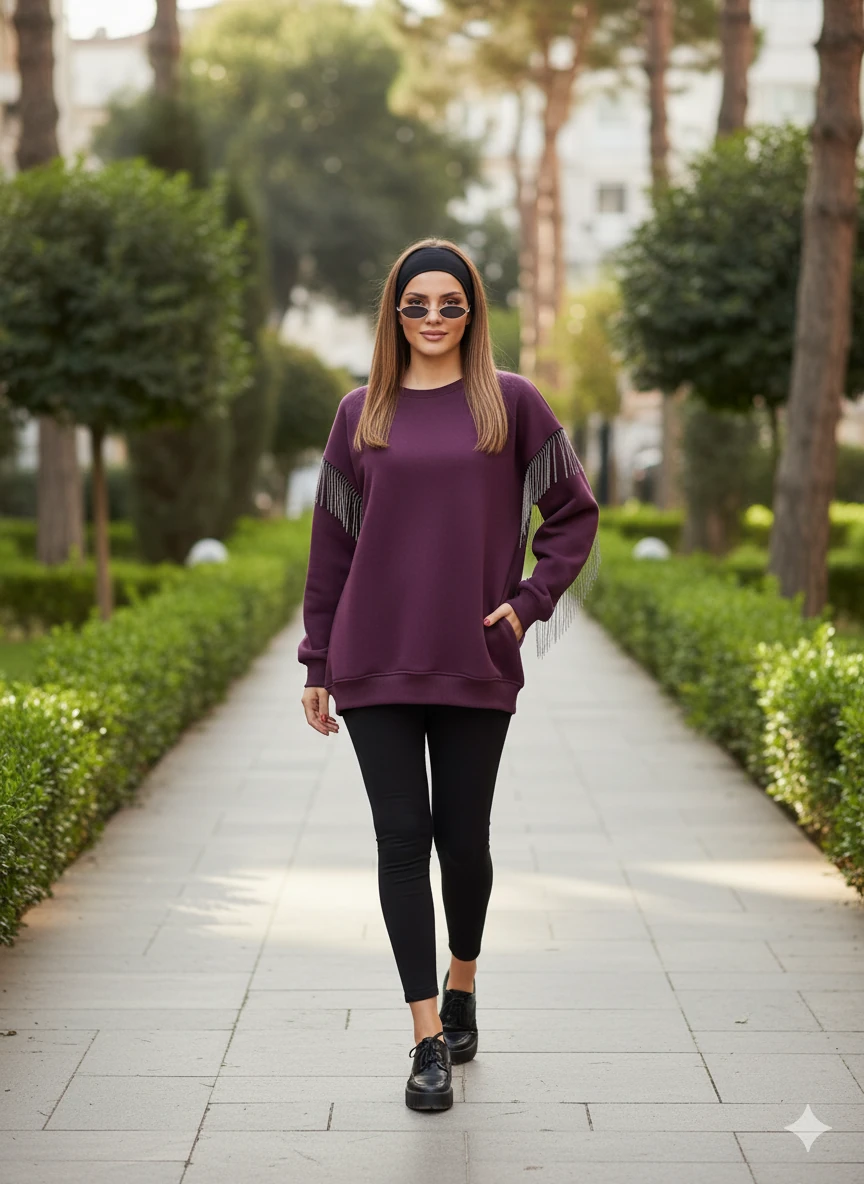 Püsküllü Uzun Kollu Sweat - Mürdüm