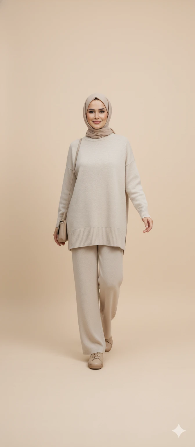 Triko Tunik Pantolon Tesettür Takım - Taş