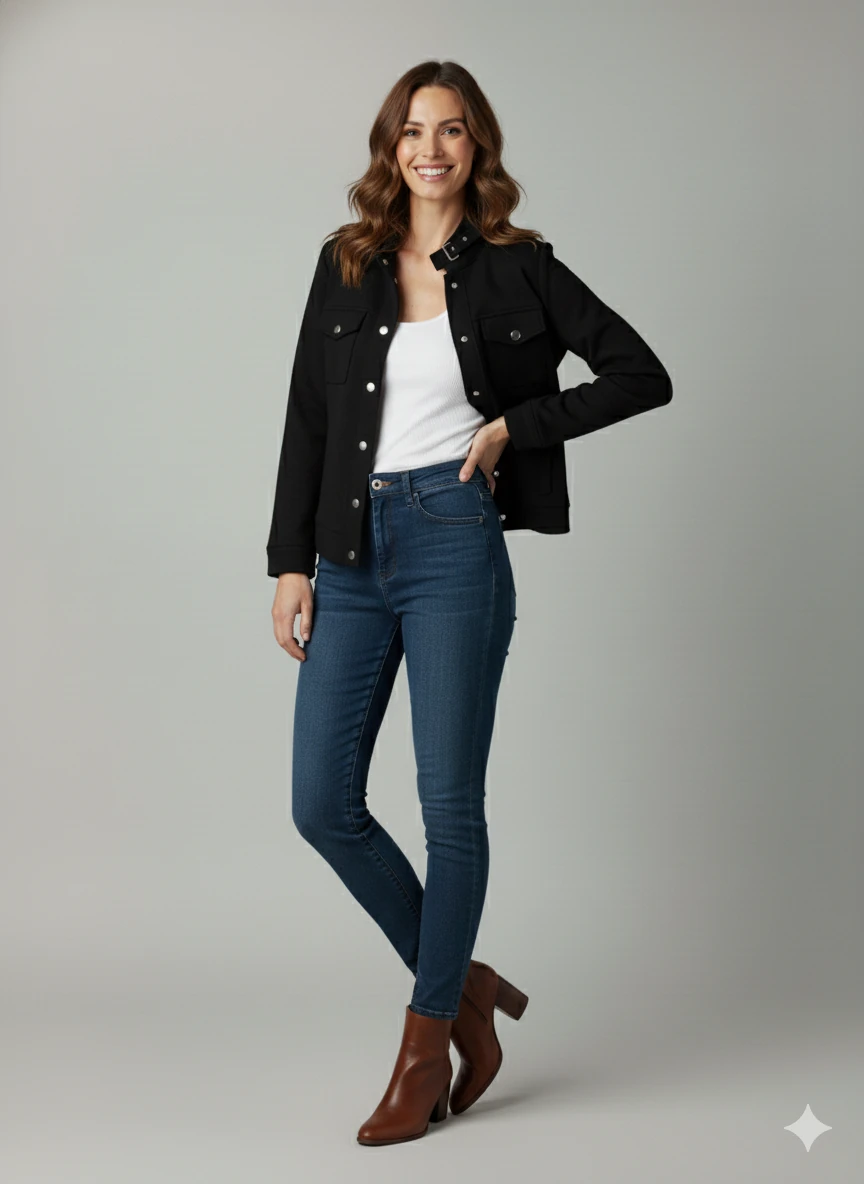 Kadın Taba Zarif Kısa Ceket Toka Detaylı Dik Yaka Cepli Süet/Kaşe Baharlık Ceket - Siyah