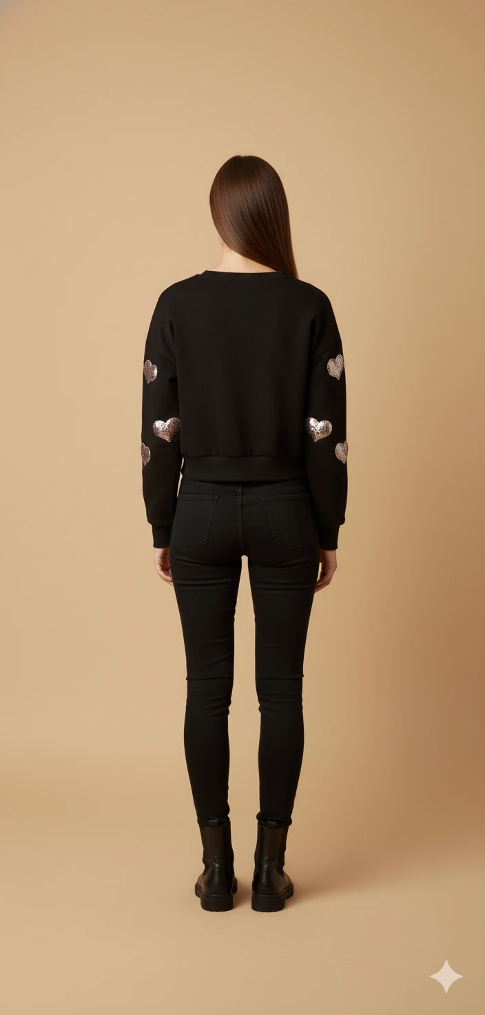 Kadın Barbie Yazılı Crop Sweat Payetli Kalp Detaylı Yuvarlak Yaka Basic Kısa Sweat - Siyah