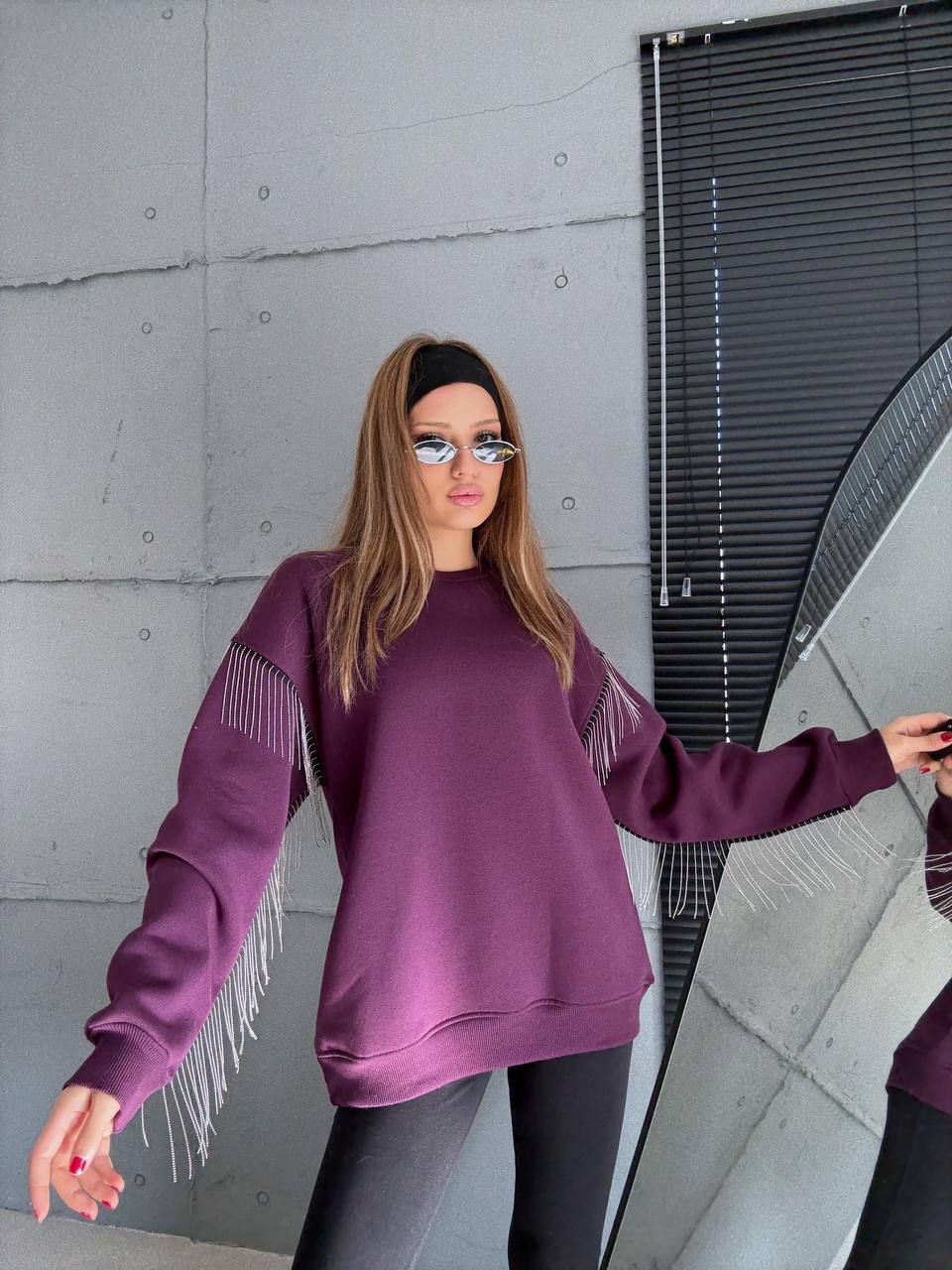 Püsküllü Uzun Kollu Sweat - Mürdüm