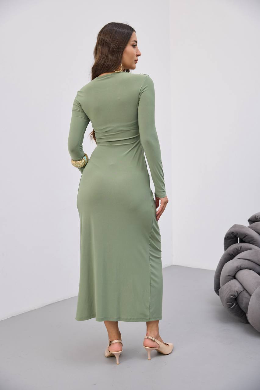 BELİ BÜZGÜLÜ TOKALI ELBİSE - Haki Yeşili