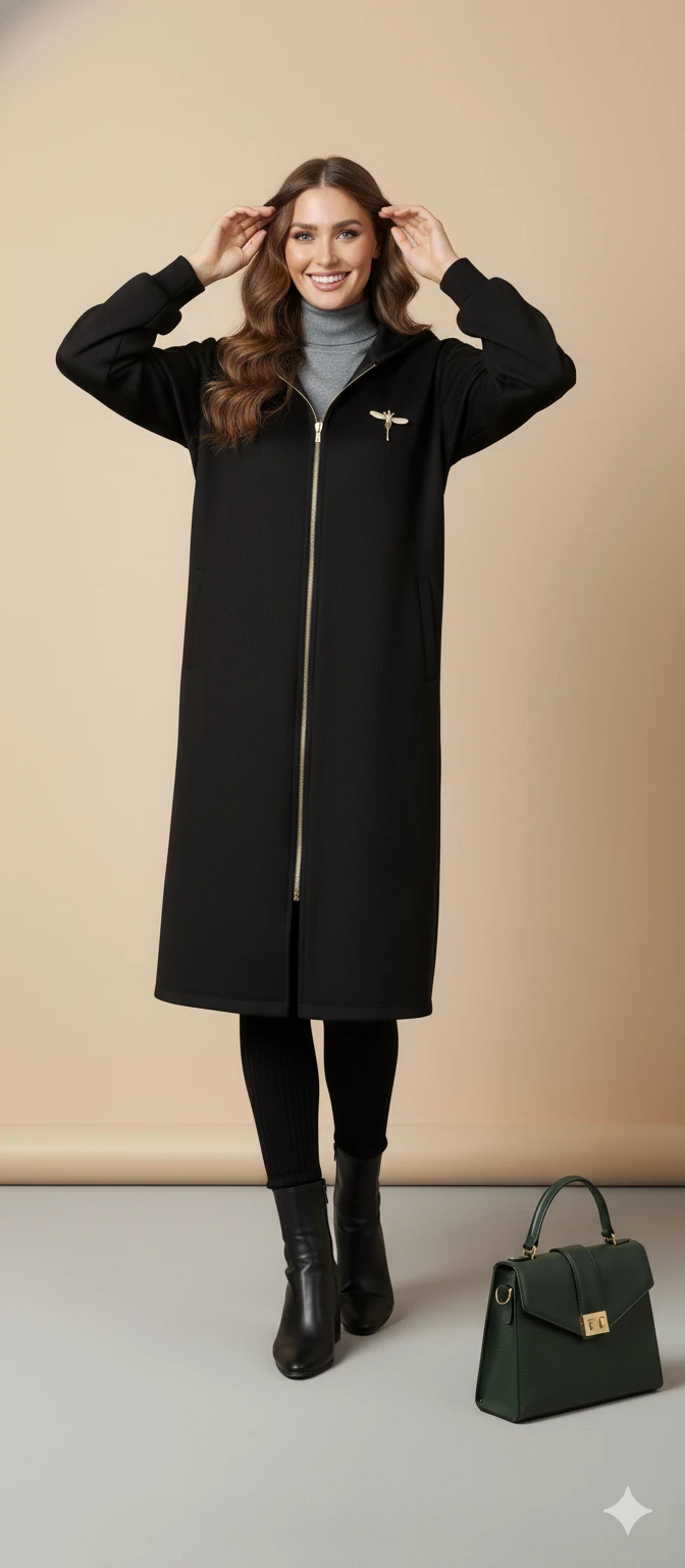 Kadın Gri Kapüşonlu Balon Kol Fermuarlı Kaban Oversize Midi Boy Kışlık Kaşe Mont - Siyah