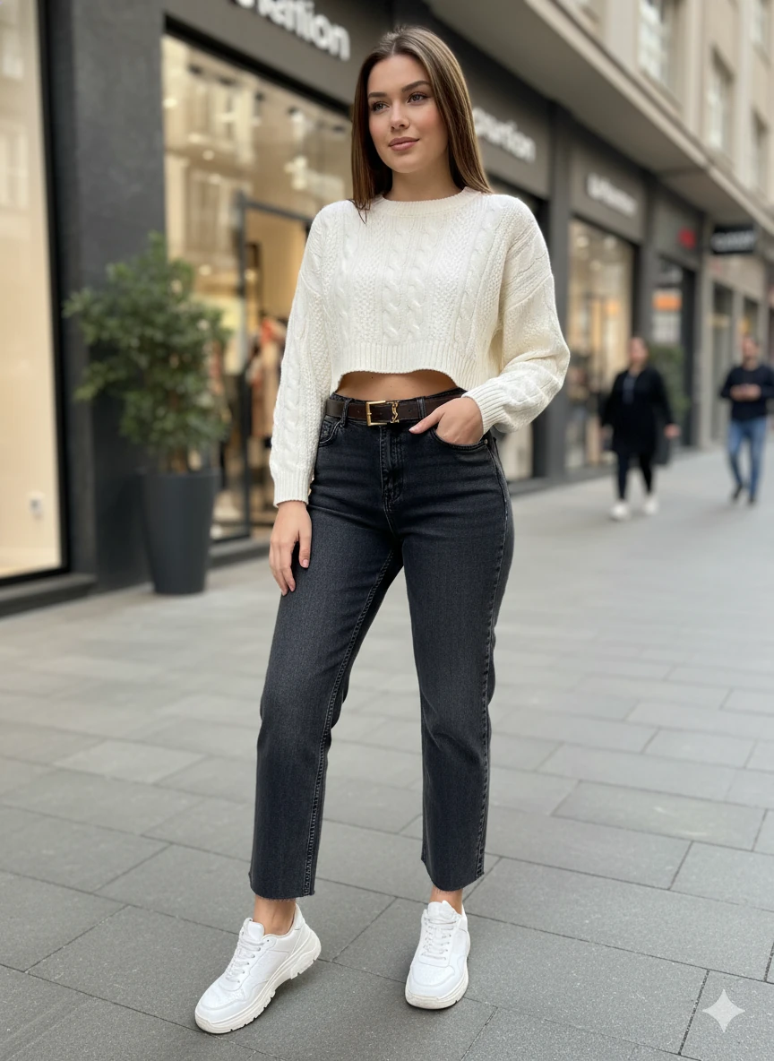 Kadın Yüksek Bel Mom Jean Kesik Paça Detaylı Gold Tokalı Kemerli Düz Kesim Denim