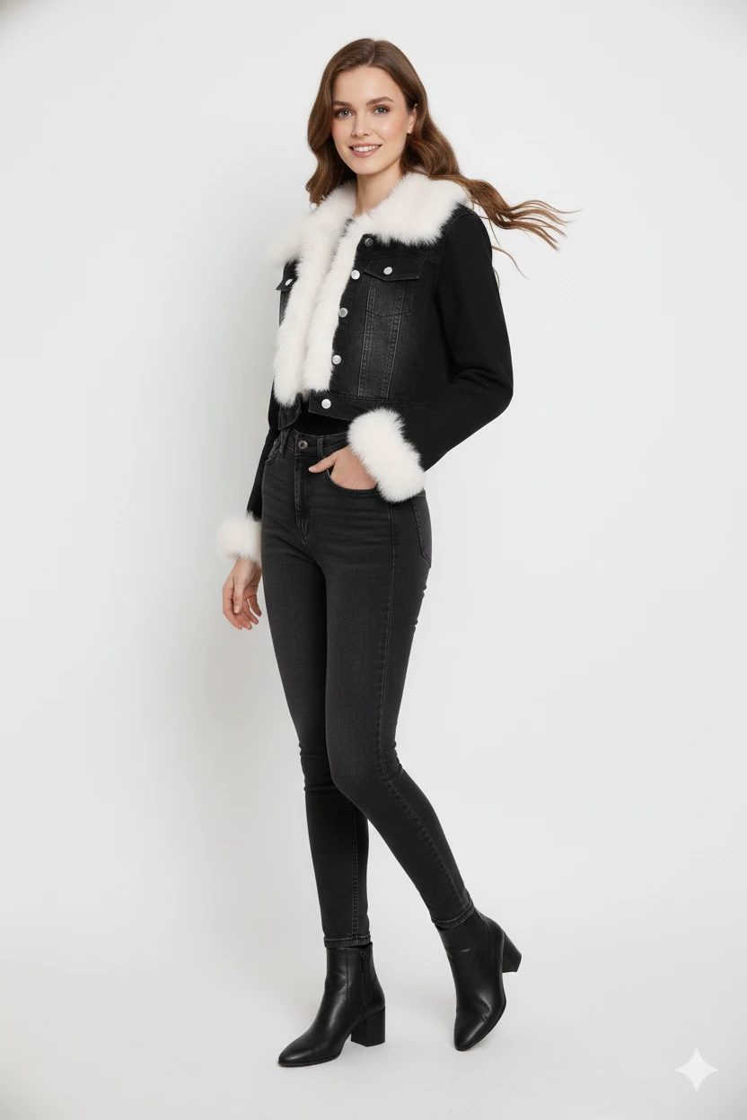 Siyah Kot Suni Kürk Yaka Manşetli Mont