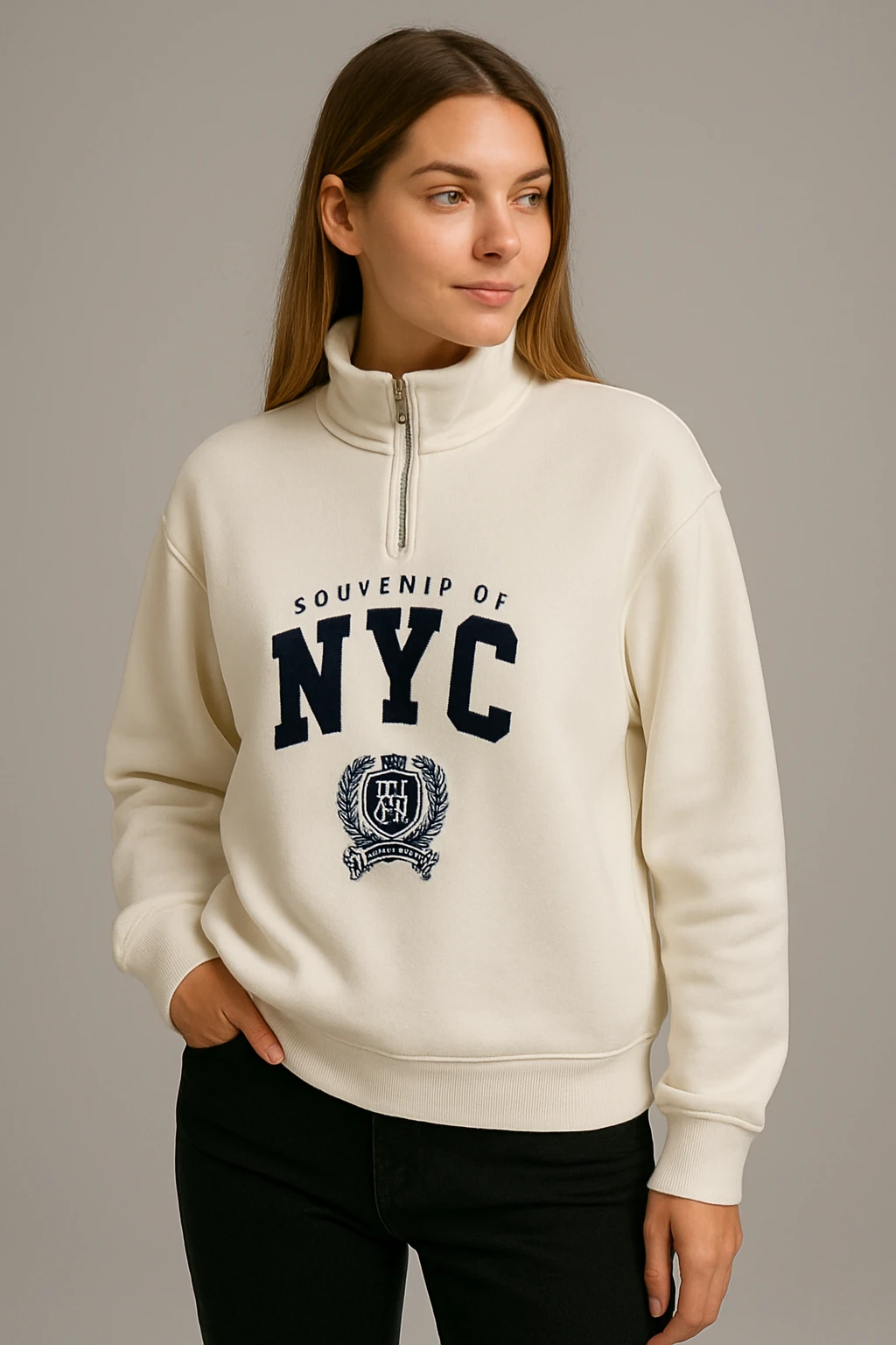ÖNÜ FERMUARLI NYC BASKILI SWEAT