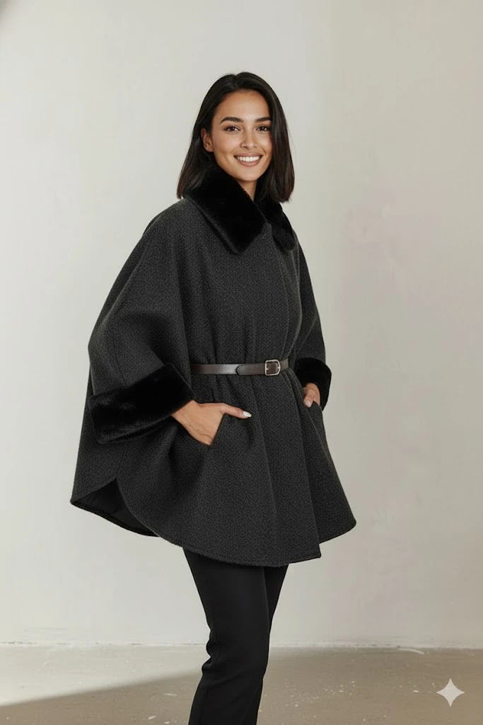 Kadın Kürk Yaka Manşet Detaylı Panço Kaban Kemerli Pelerin Ceket Kaşe - Siyah