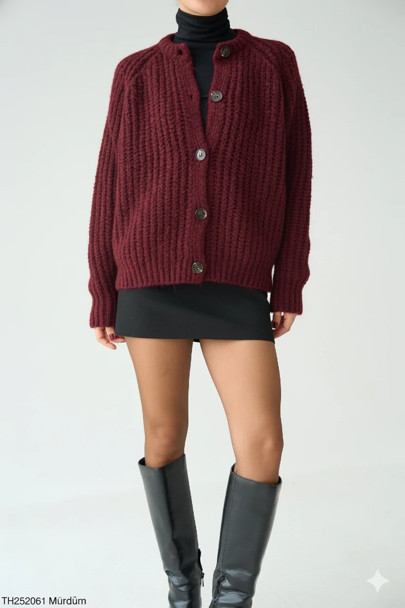 Kalın Örgü Oversize Triko Kazak - Mürdüm