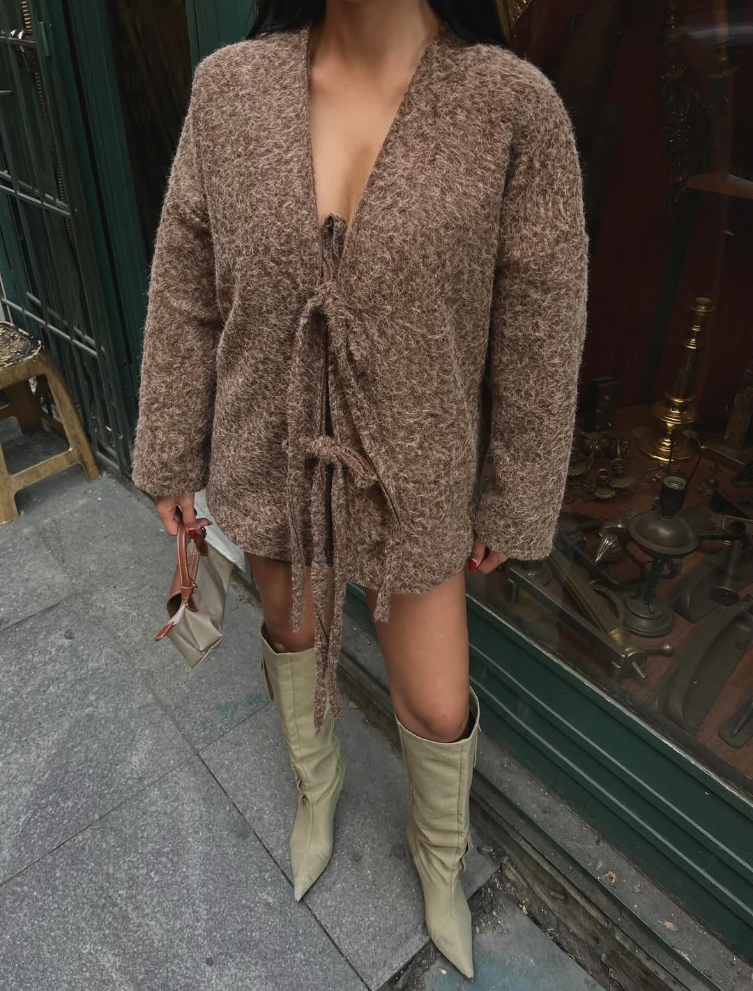 Kadın Tüylü Örme Triko Bağlamalı Hırka Tunik Boy Oversize Salaş Ceket