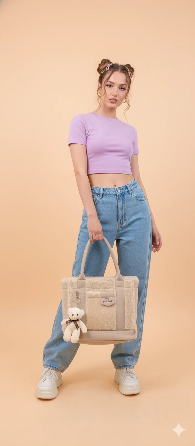 Kürk ve Teddy Ayıcıklı Tüylü Mini Tote Çanta - Bej