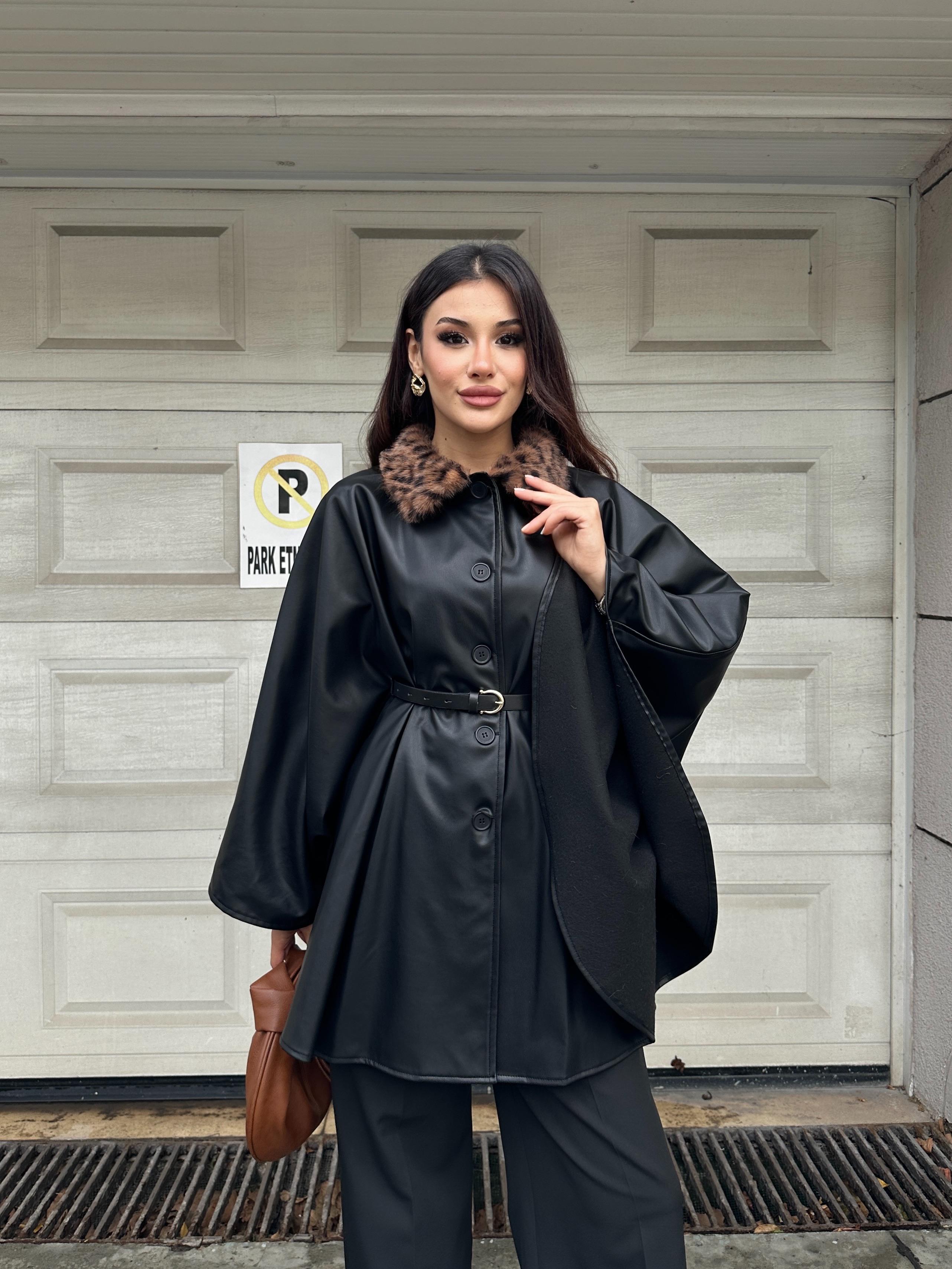 Leopar Kürk Yaka Deri Görünümlü Düğmeli Kemerli Abiye Panço Ceket Siyah - Siyah