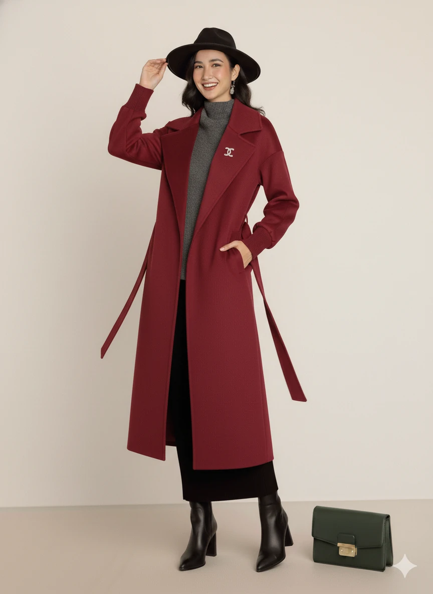 Kadın Siyah Kaşe Uzun Kaban Maksi Boy Palto Geniş Yakalı Düz ​​Kesim Kışlık  - Bordo