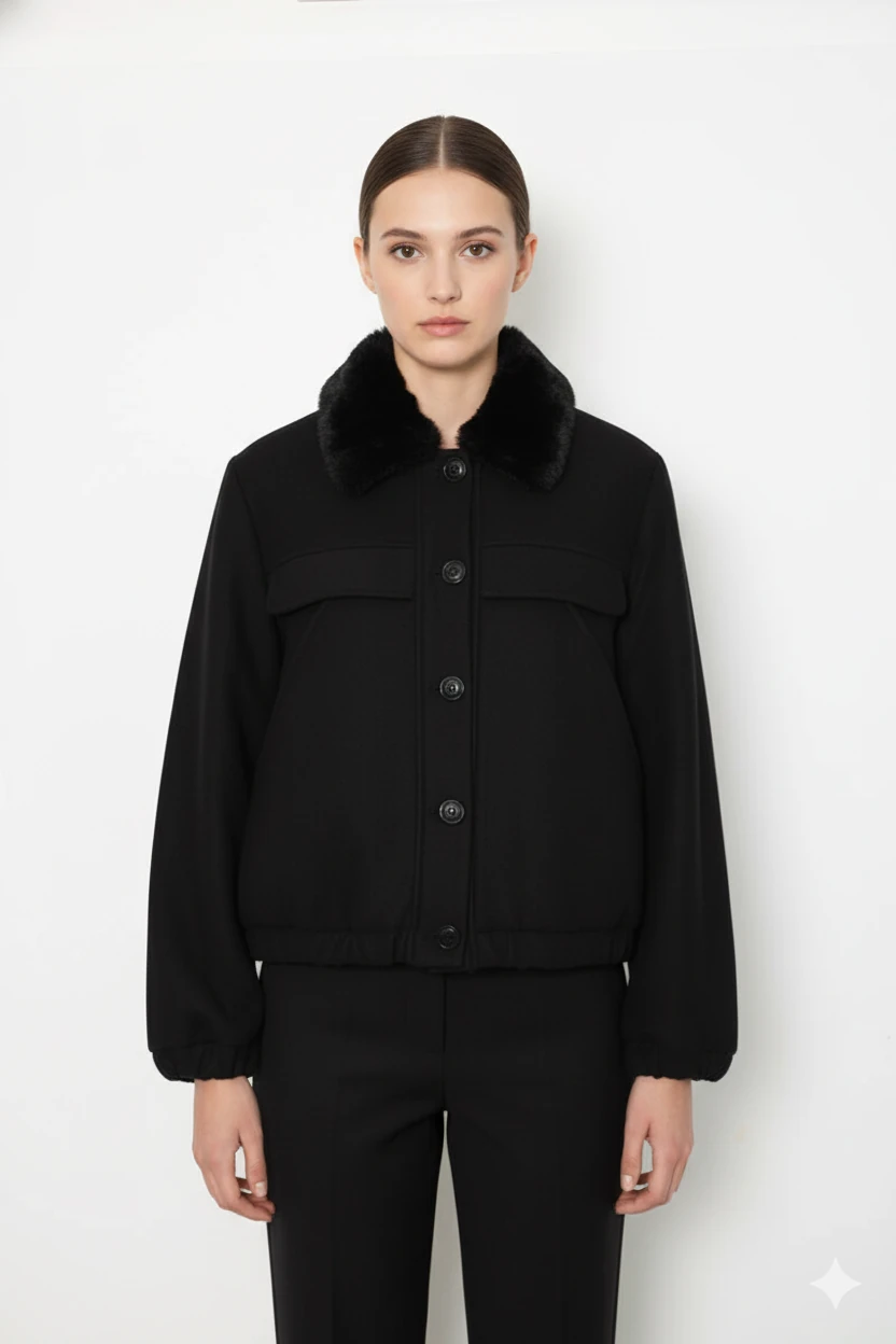 Cemo Kuzu Kürk Yakalı Düğmeli Kısa Suni Deri Ceket - Siyah