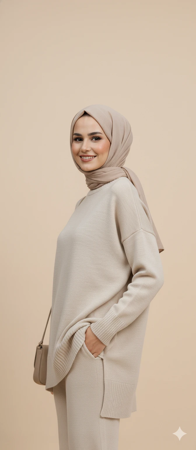 Triko Tunik Pantolon Tesettür Takım - Taş