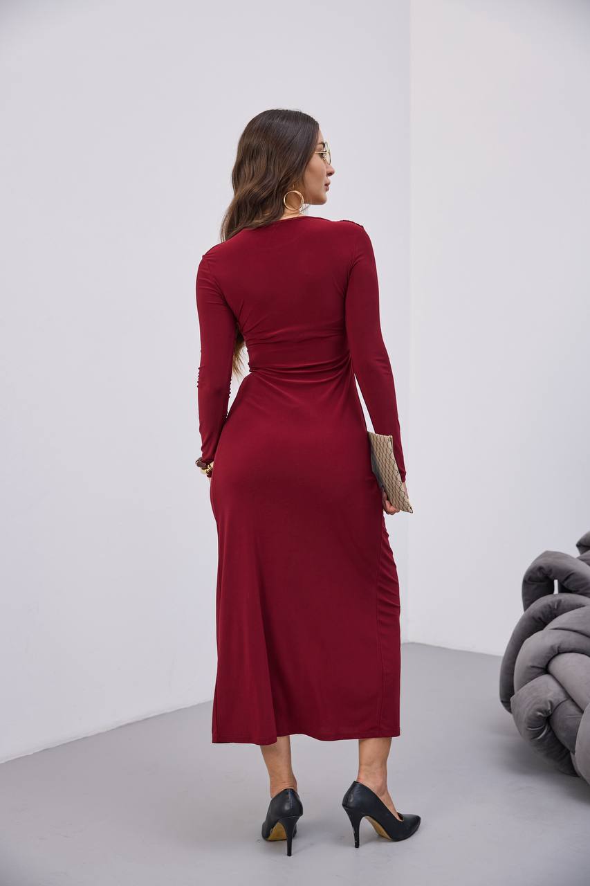 BELİ BÜZGÜLÜ TOKALI ELBİSE - Bordo