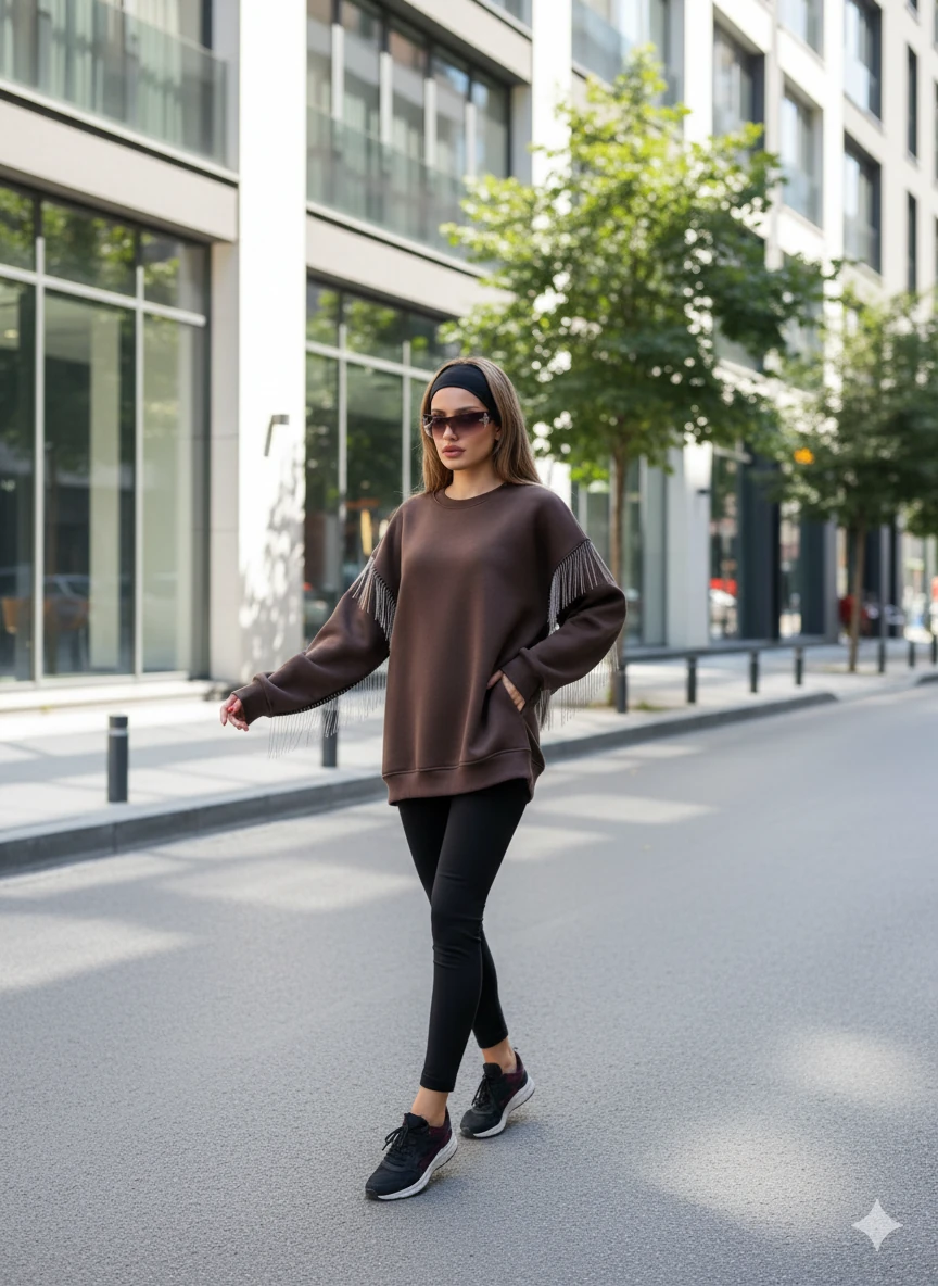 Püsküllü Uzun Kollu Sweat - Kahverengi