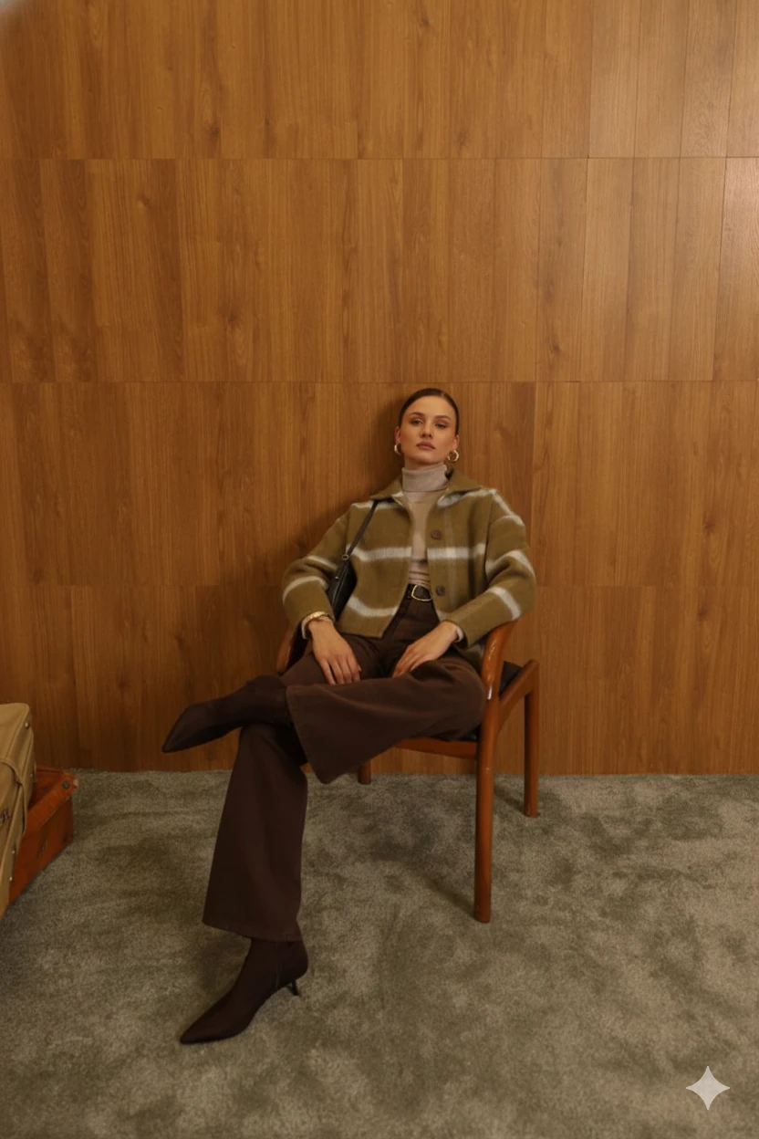 Kadın  Çizgili Örme Triko Hırka Ceket Düğmeli Kışlık Kalın Badi Ceket - HAKİ