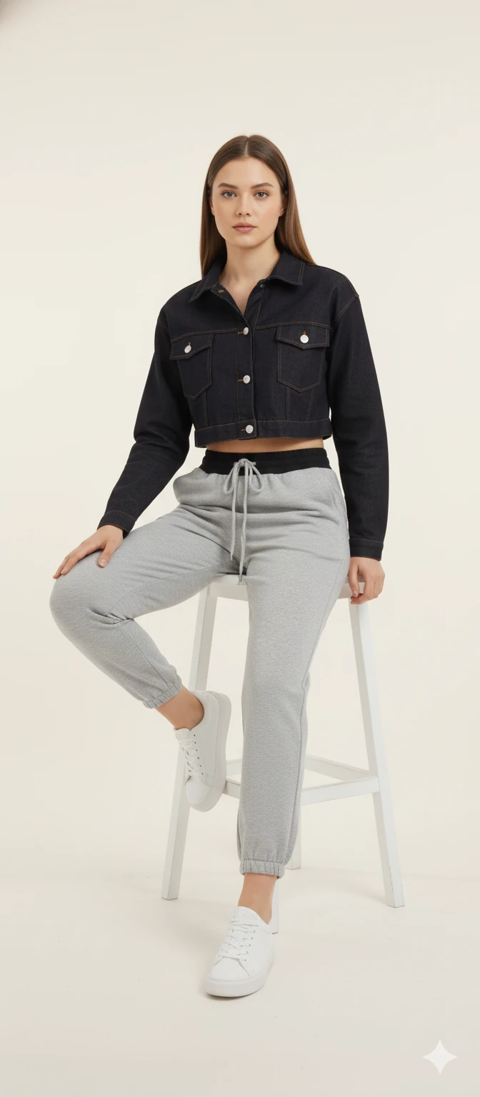Cemo Siyah Jean Ceket ve Gri Eşofman Altı Kombin Seti