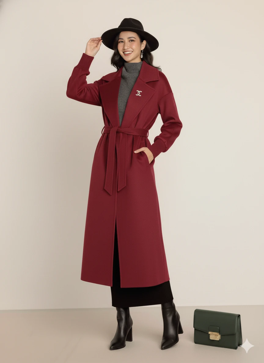 Kadın Siyah Kaşe Uzun Kaban Maksi Boy Palto Geniş Yakalı Düz ​​Kesim Kışlık  - Bordo