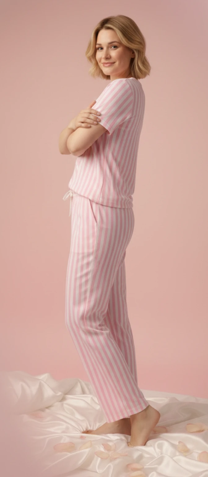 Pembe Beyaz Çizgili Kısa Kollu Pijama