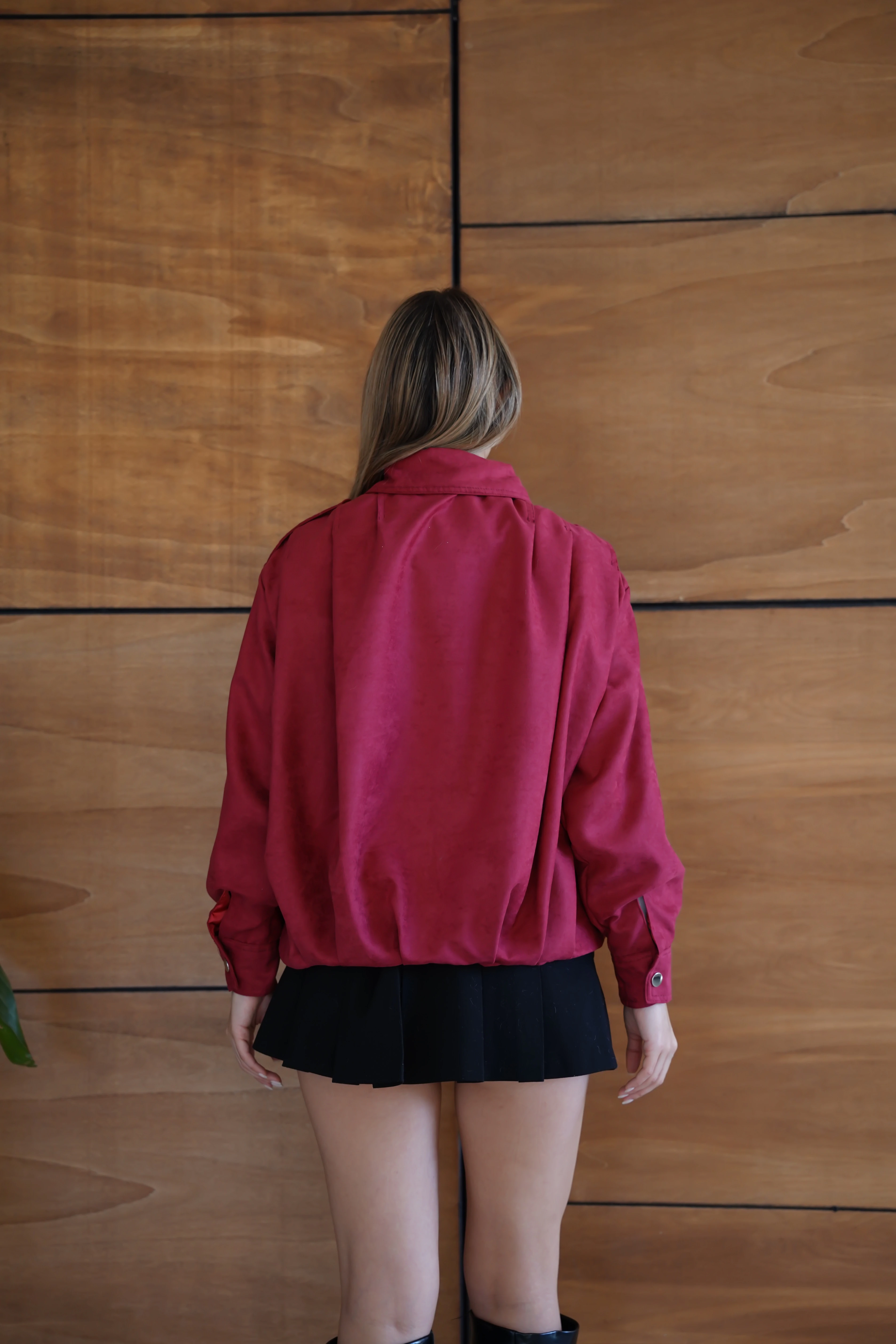 Kadın Bordo Fermuar Detaylı Kısa Ceket Bomber Gömlek Yaka Baharlık Ceket - Bordo