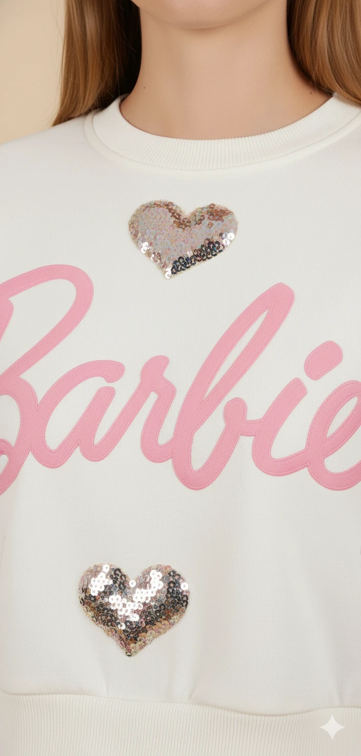Kadın Barbie Yazılı Crop Sweat Payetli Kalp Detaylı Yuvarlak Yaka Basic Kısa Sweat - Ekru