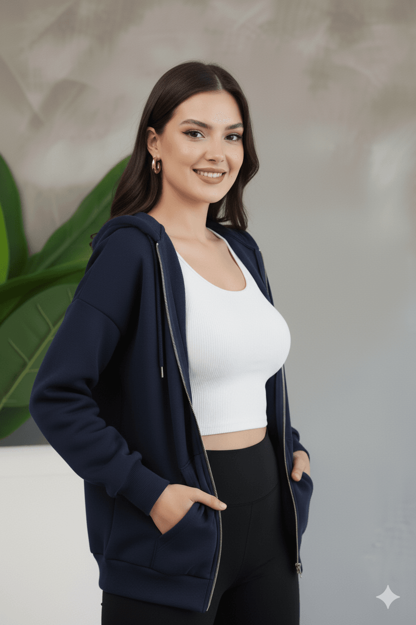 Kadın Genç Unisex Cepli Kapüşonlu Fermuarlı Sweatshirt Hırka - Lacivert