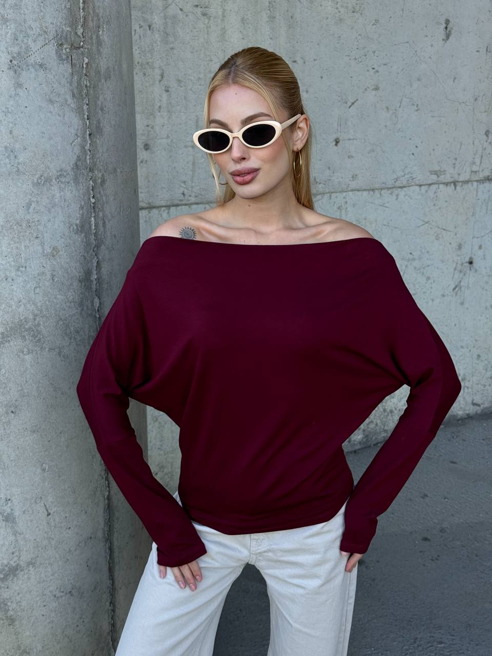 Yarasa Kol Geniş Yaka Siyah Bluz Bol Kesim Likralı Kumaş Düşük Omuz Üst - Bordo