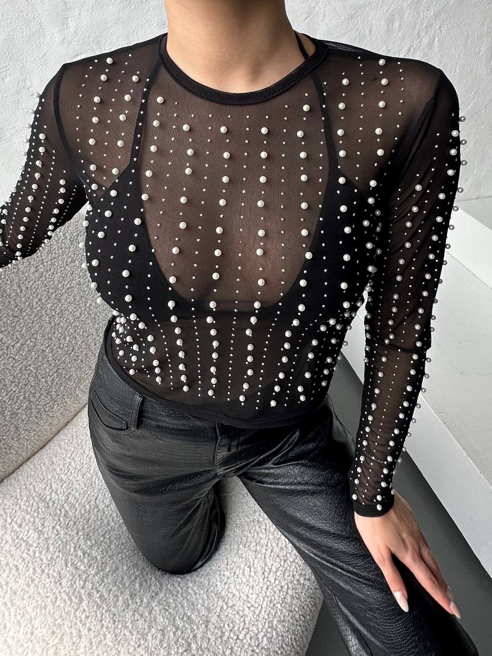 PARLAK TAŞ DETAYLI TÜL ÇITÇITLI SİYAH KADIN BODYSUİT