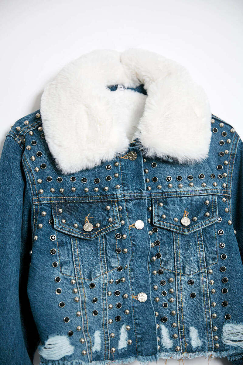 Kadın İçi Kürklü Jean Ceket Mavi