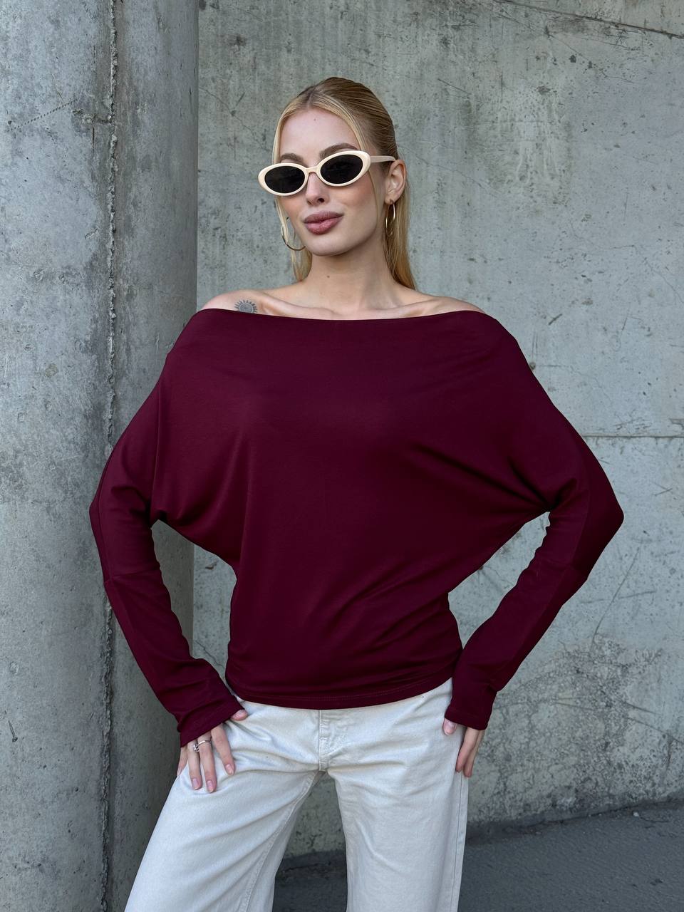 Yarasa Kol Geniş Yaka Siyah Bluz Bol Kesim Likralı Kumaş Düşük Omuz Üst - Bordo