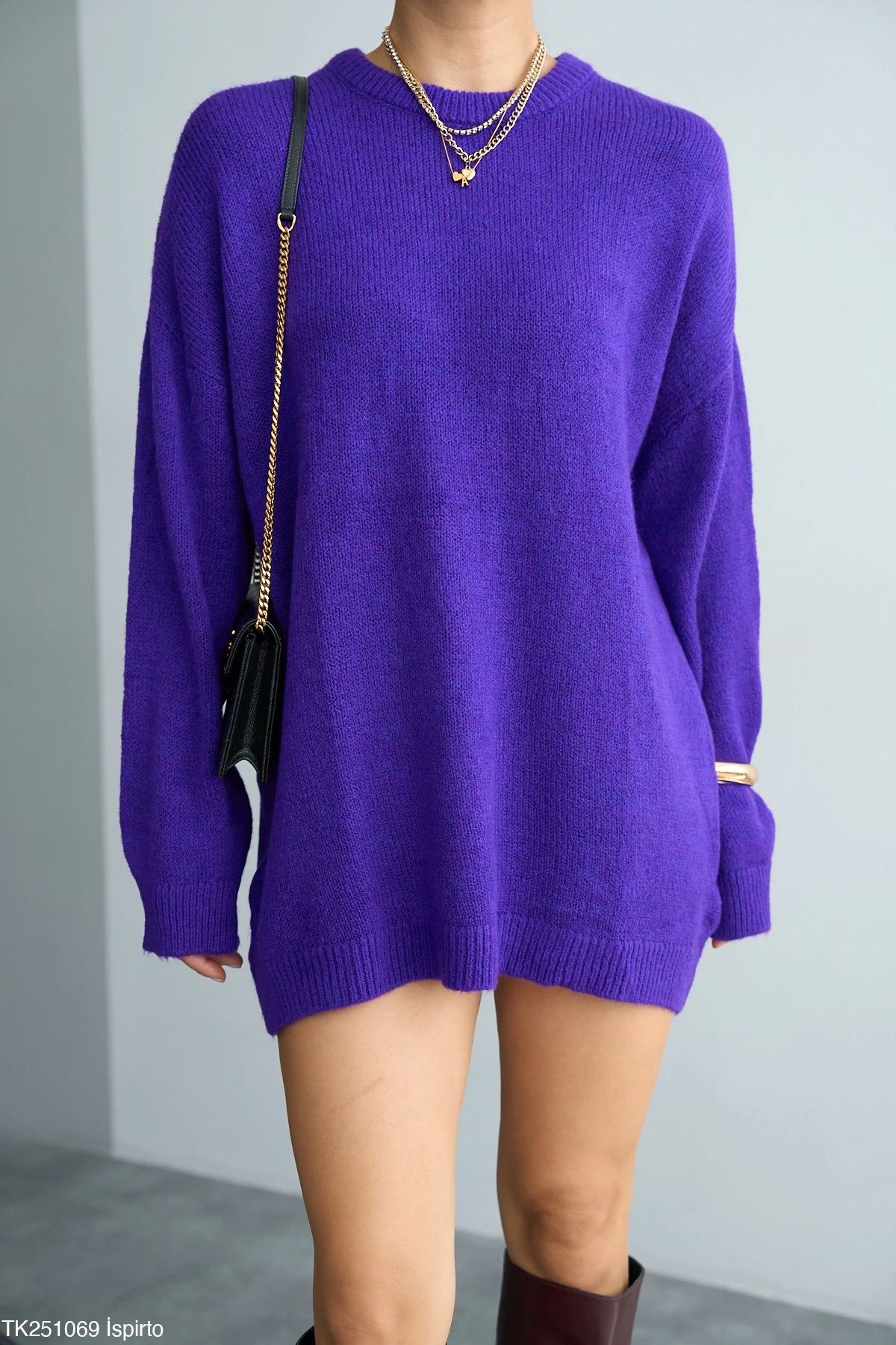 Bisiklet Yaka Tüylü Oversize Kazak - Mor
