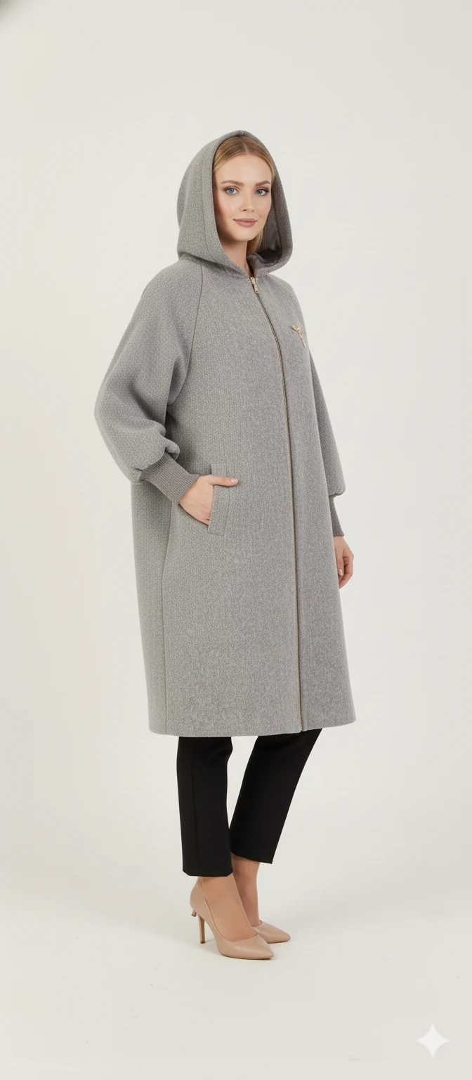 Kadın Gri Kapüşonlu Balon Kol Fermuarlı Kaban Oversize Midi Boy Kışlık Kaşe Mont - Gri