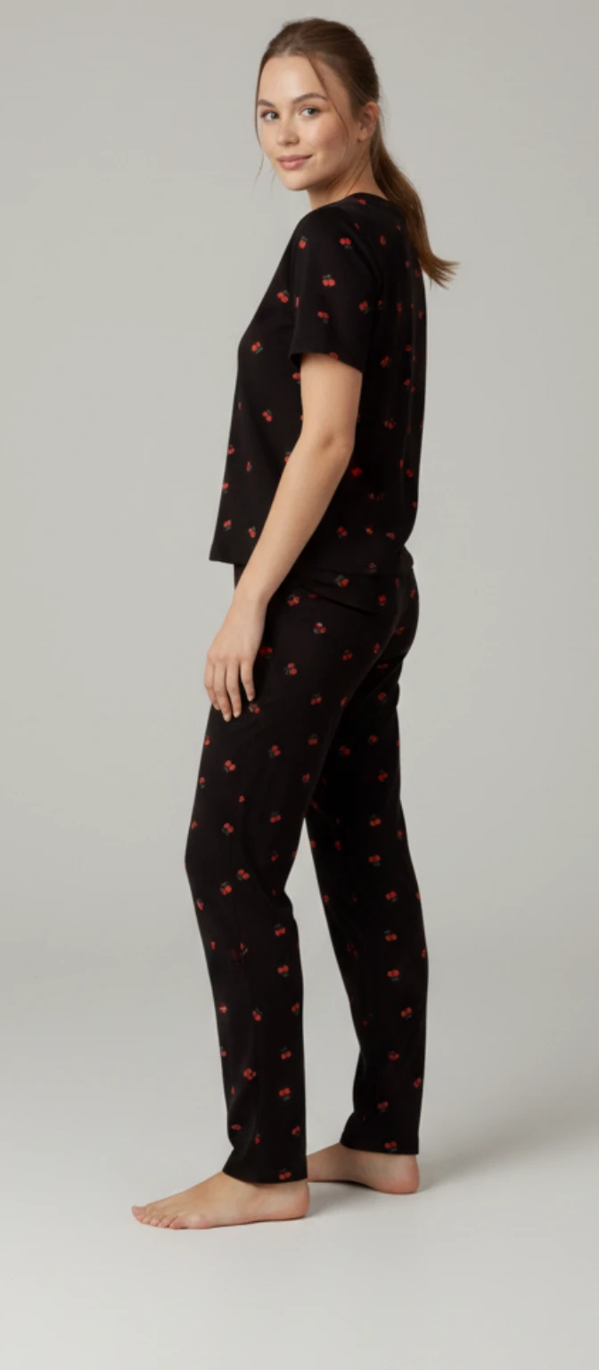 Kiraz Baskılı Çizgili Kısa Kollu Pijama Takımı