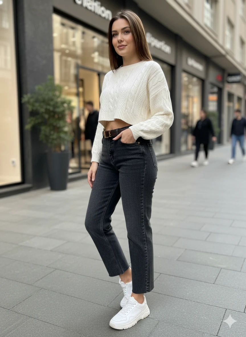 Kadın Yüksek Bel Mom Jean Kesik Paça Detaylı Gold Tokalı Kemerli Düz Kesim Denim