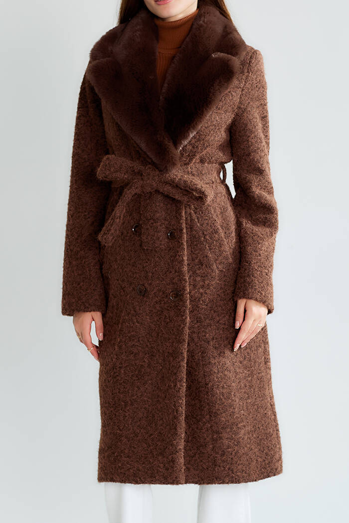 Kadın Kahverengi Bukle Kumaş Uzun Kaban Büyük Yakalı Kışlık Palto Teddy Kaban