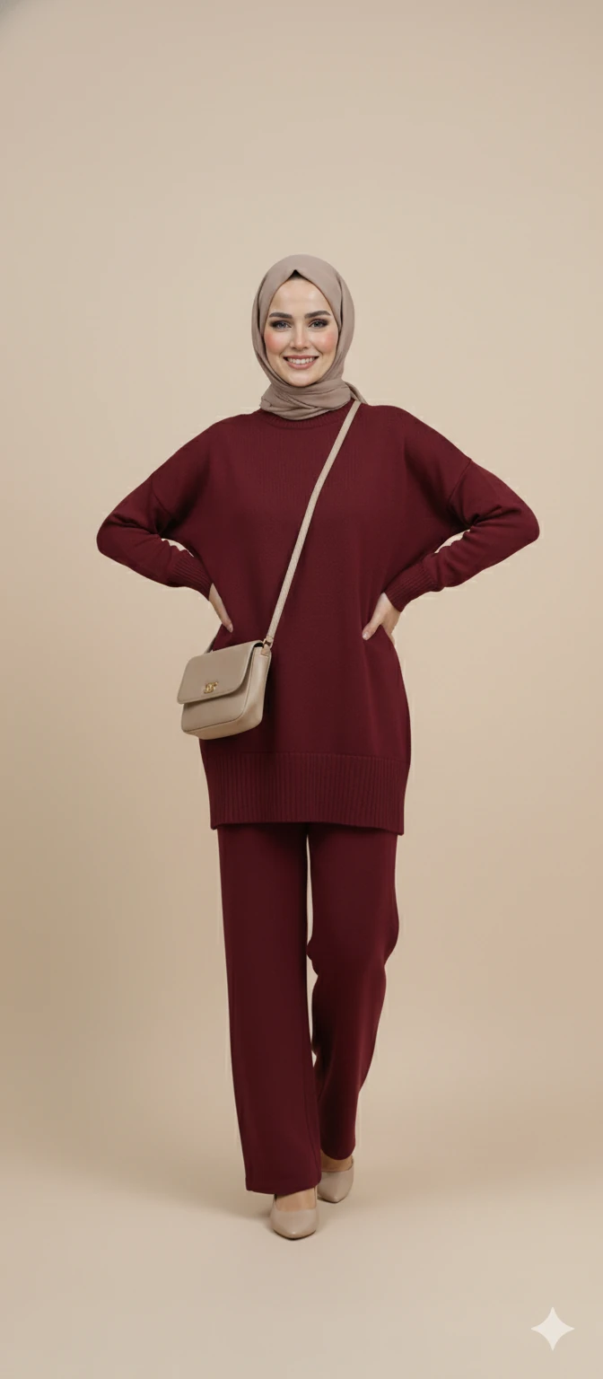 Triko Tunik Pantolon Tesettür Takım - Bordo