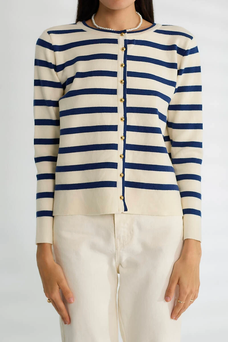 Cemo Basic Düğmeli Çizgili Uzun Kollu İnce Triko - Laci-Taş